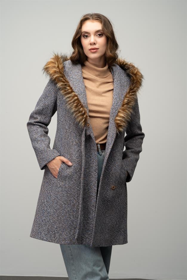 Herringbone Coat with Fur Hood and Belt Detail İNDİGO 3044
