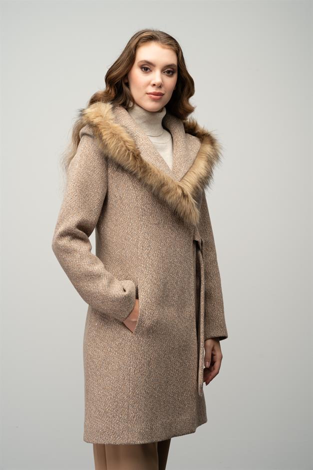 Herringbone Coat with Fur Hood and Belt Detail IVORY 3044