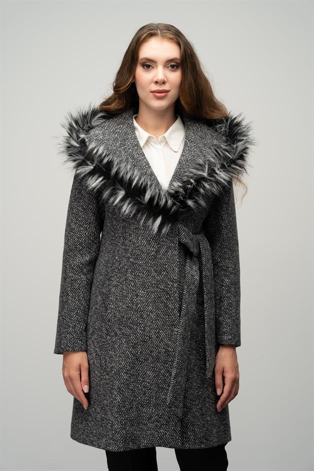 Herringbone Coat with Fur Hood and Belt Detail BLACK 3044