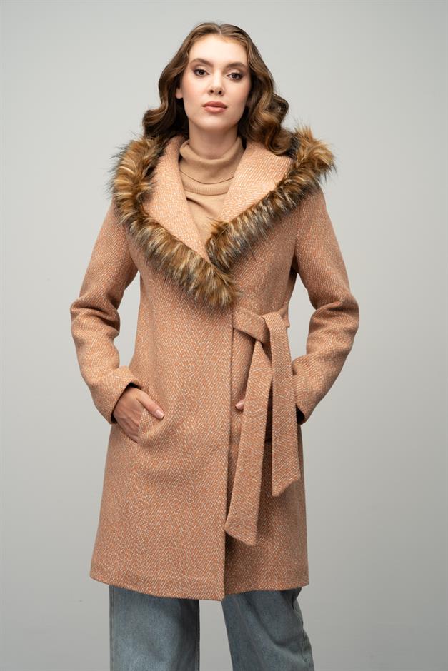 Herringbone Coat with Fur Hood and Belt Detail STRAW 3044