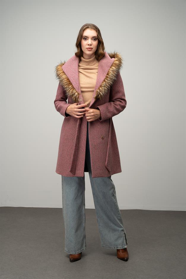 Herringbone Coat with Fur Hood and Belt Detail Fuchsia 3044