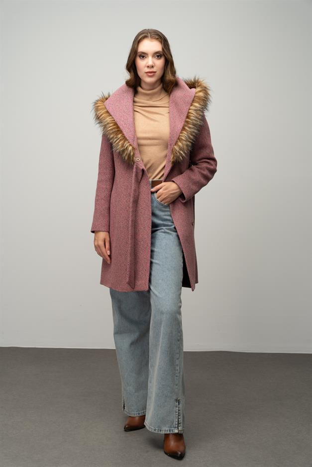 Herringbone Coat with Fur Hood and Belt Detail Fuchsia 3044