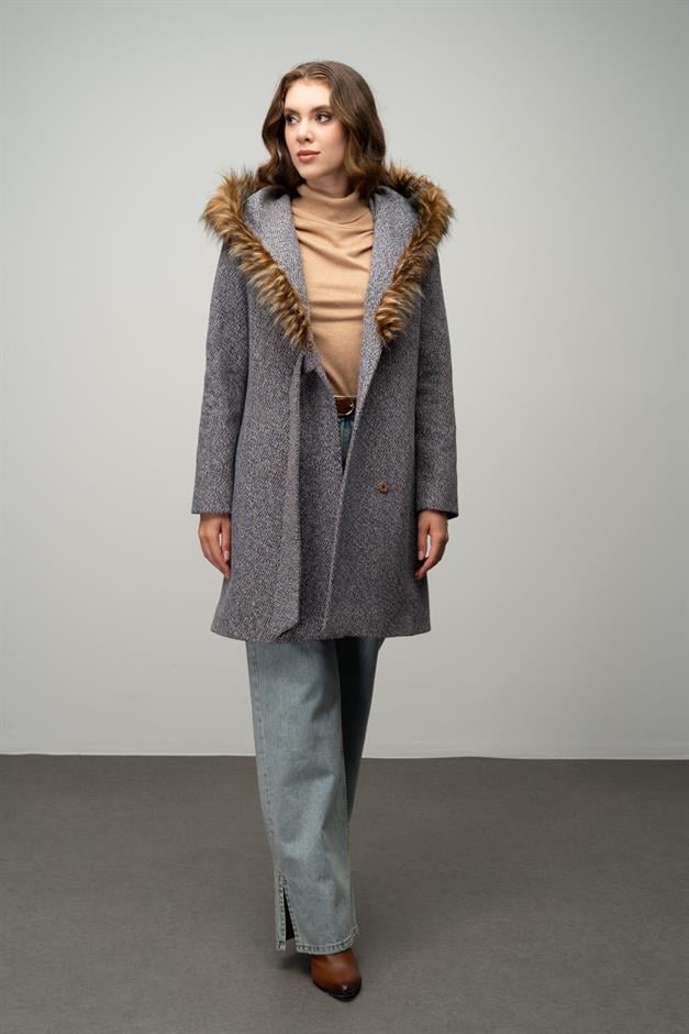 Herringbone Coat with Fur Hood and Belt Detail İNDİGO 3044