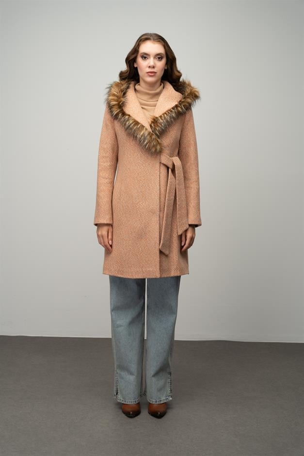 Herringbone Coat with Fur Hood and Belt Detail STRAW 3044