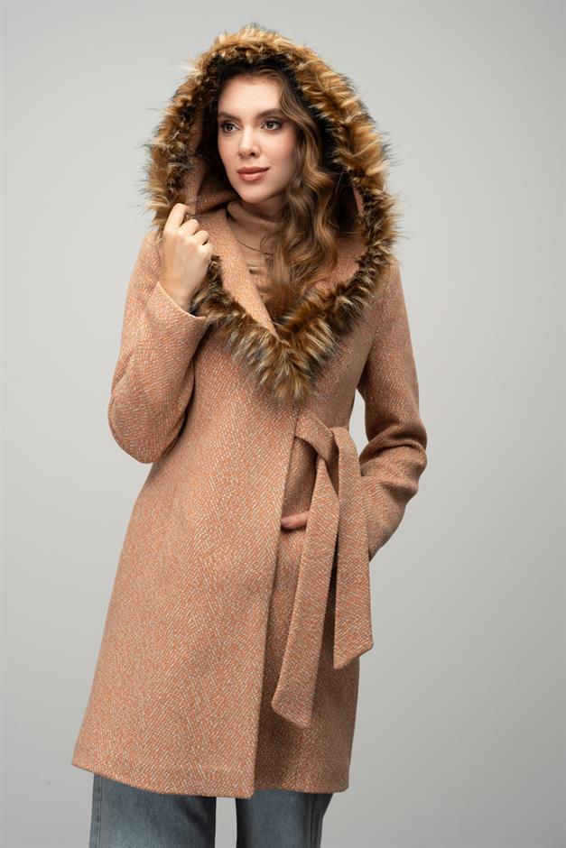 Herringbone Coat with Fur Hood and Belt Detail STRAW 3044
