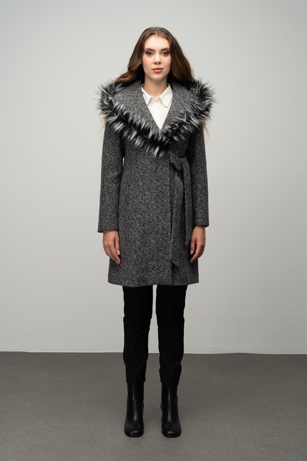 Herringbone Coat with Fur Hood and Belt Detail BLACK 3044