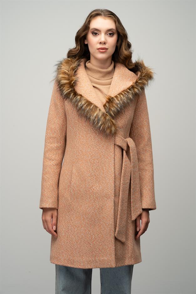 Herringbone Coat with Fur Hood and Belt Detail STRAW 3044