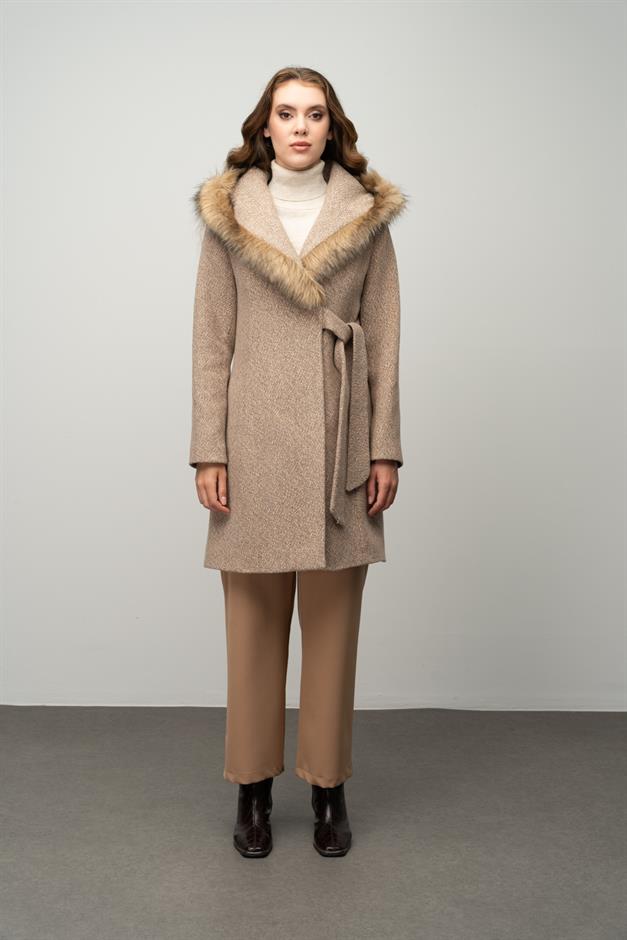 Herringbone Coat with Fur Hood and Belt Detail IVORY 3044