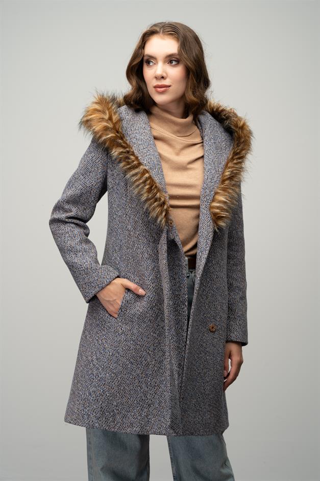 Herringbone Coat with Fur Hood and Belt Detail İNDİGO 3044