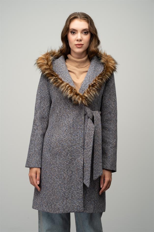 Herringbone Coat with Fur Hood and Belt Detail İNDİGO 3044