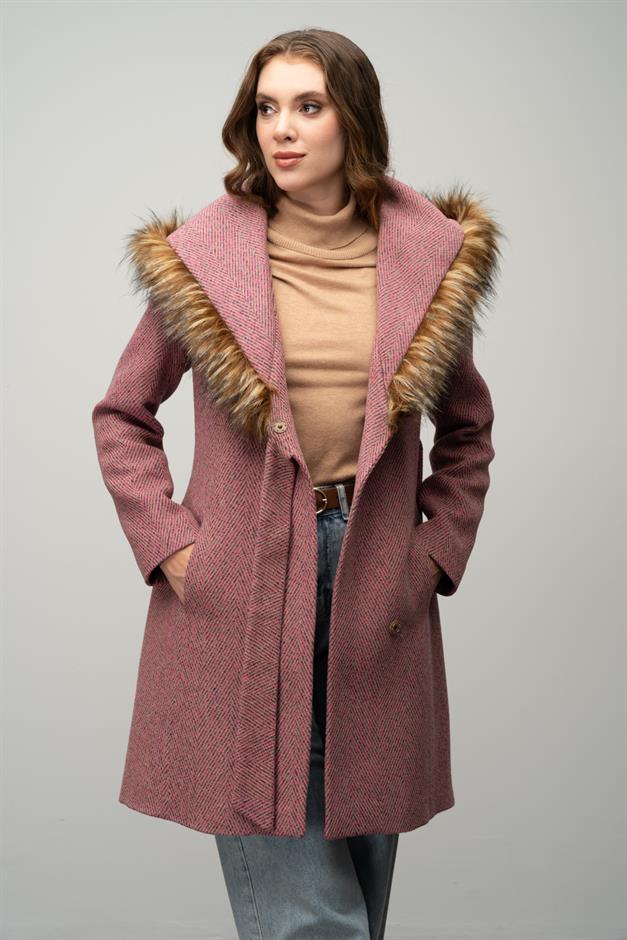 Herringbone Coat with Fur Hood and Belt Detail Fuchsia 3044