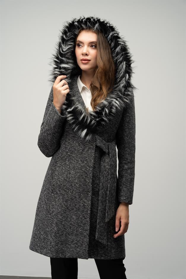 Herringbone Coat with Fur Hood and Belt Detail BLACK 3044