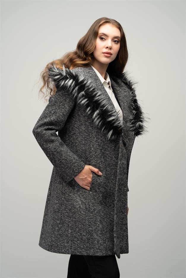 Herringbone Coat with Fur Hood and Belt Detail BLACK 3044