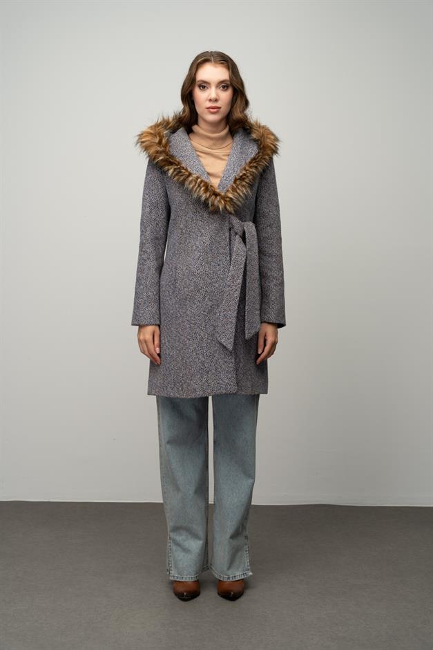 Herringbone Coat with Fur Hood and Belt Detail İNDİGO 3044
