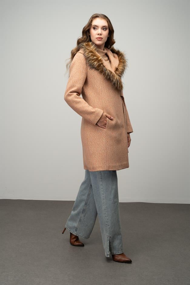 Herringbone Coat with Fur Hood and Belt Detail STRAW 3044