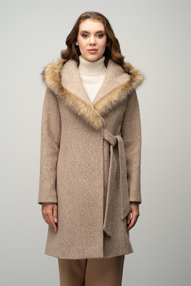 Herringbone Coat with Fur Hood and Belt Detail IVORY 3044