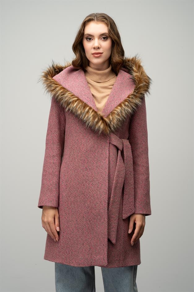 Herringbone Coat with Fur Hood and Belt Detail Fuchsia 3044