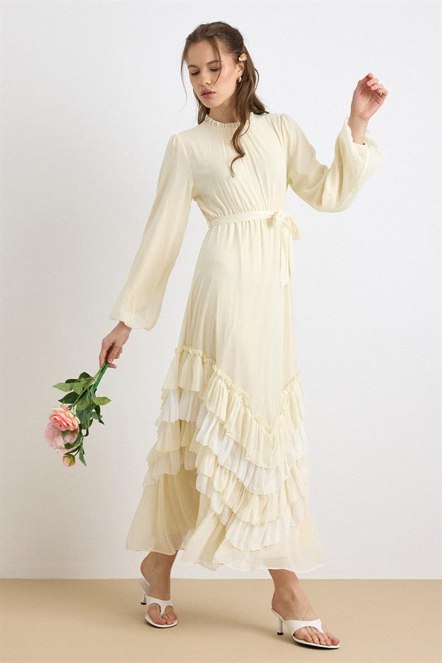 Kat Kat Etekli Beli Büzgülü Şifon Elbise SARI 9428-E