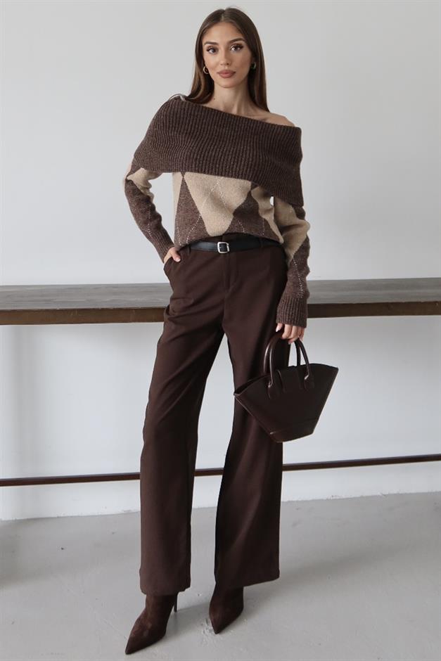 Kayık Yaka Baklava Desenli Soft Triko Kazak KAHVE 8282
