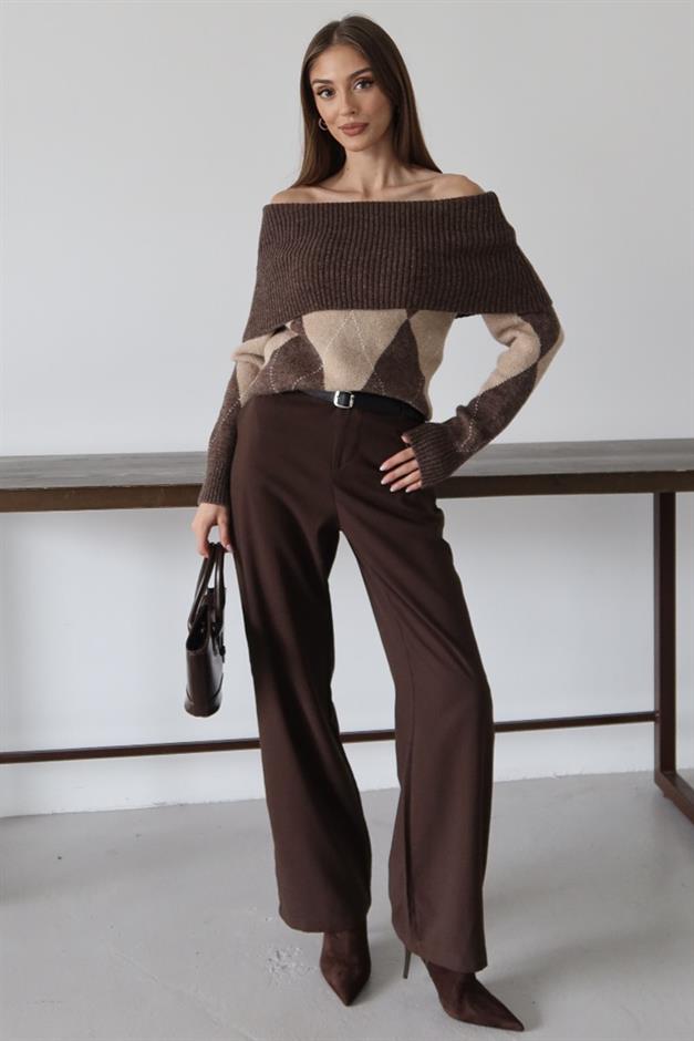 Kayık Yaka Baklava Desenli Soft Triko Kazak KAHVE 8282