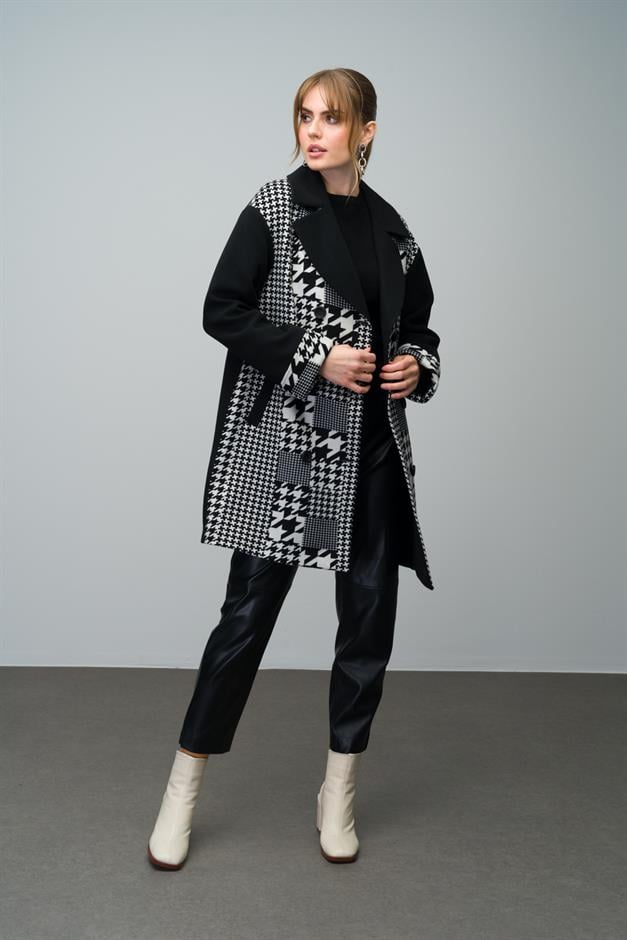 Double-Breasted Oversize Coat with Houndstooth Pattern Detail BLACK 3005