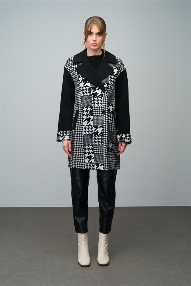 Double-Breasted Oversize Coat with Houndstooth Pattern Detail BLACK 3005