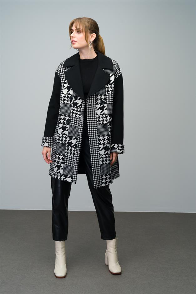 Double-Breasted Oversize Coat with Houndstooth Pattern Detail BLACK 3005