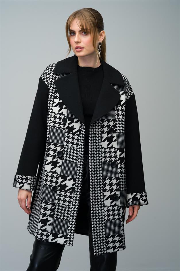 Double-Breasted Oversize Coat with Houndstooth Pattern Detail BLACK 3005