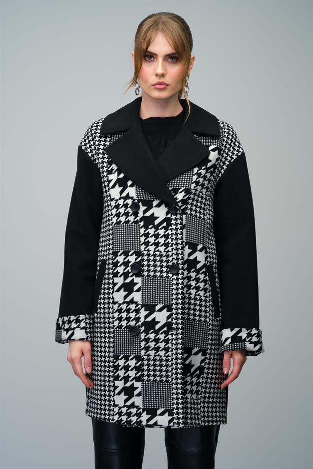 Double-Breasted Oversize Coat with Houndstooth Pattern Detail BLACK 3005
