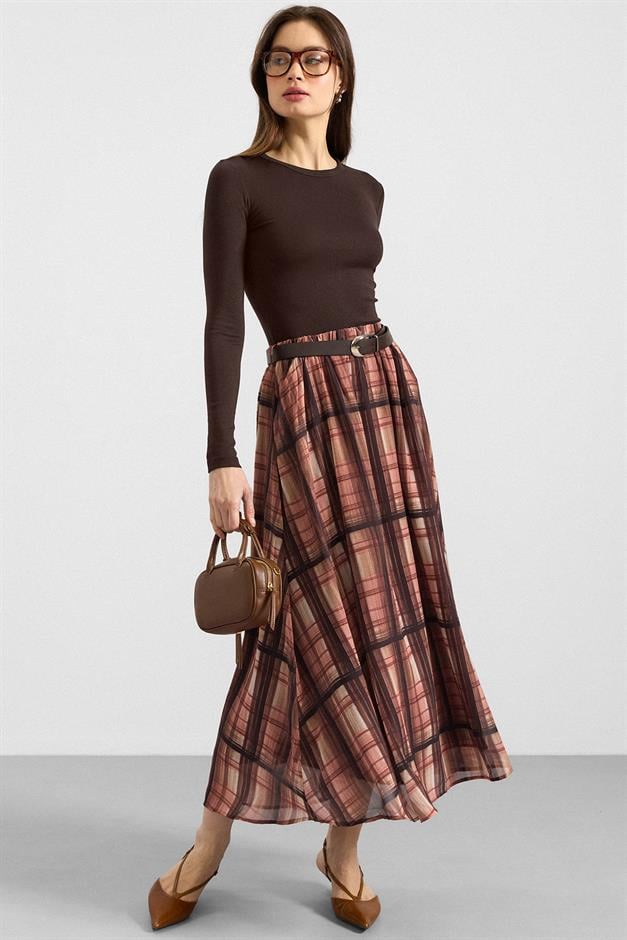 Kemer Aksesuarlı Beli Lastikli Şifon Etek KAHVE 7070