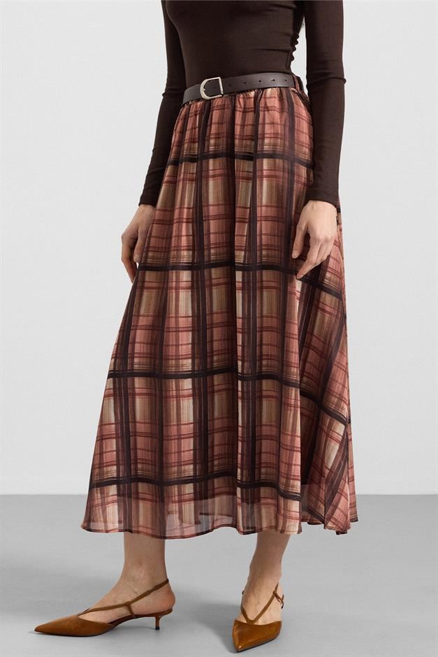 Kemer Aksesuarlı Beli Lastikli Şifon Etek KAHVE 7070