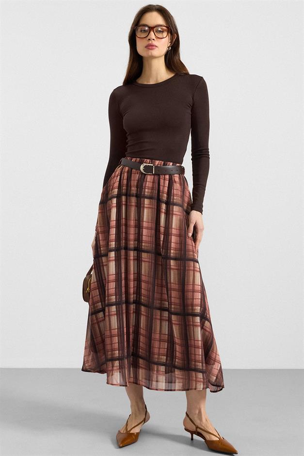 Kemer Aksesuarlı Beli Lastikli Şifon Etek KAHVE 7070