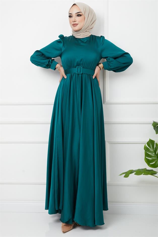 فستان سهرة واسع مع حزام إكسسوار أخضر 1602