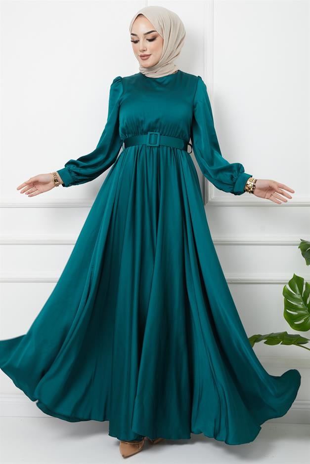 فستان سهرة واسع مع حزام إكسسوار أخضر 1602
