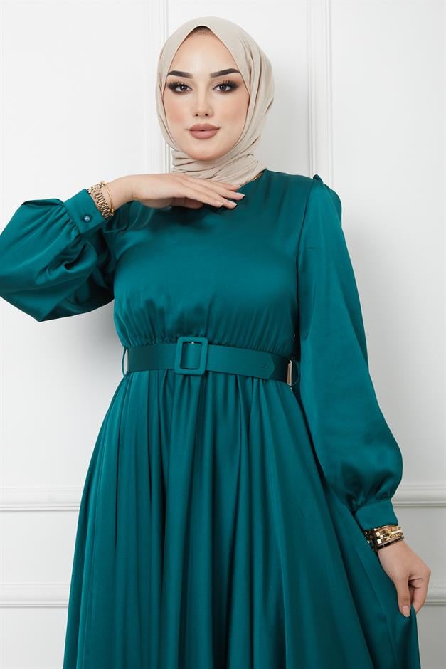 فستان سهرة واسع مع حزام إكسسوار أخضر 1602