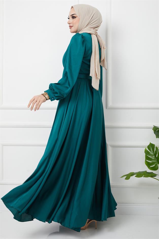 فستان سهرة واسع مع حزام إكسسوار أخضر 1602