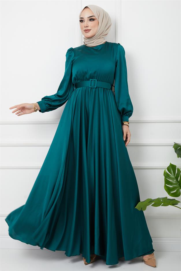فستان سهرة واسع مع حزام إكسسوار أخضر 1602