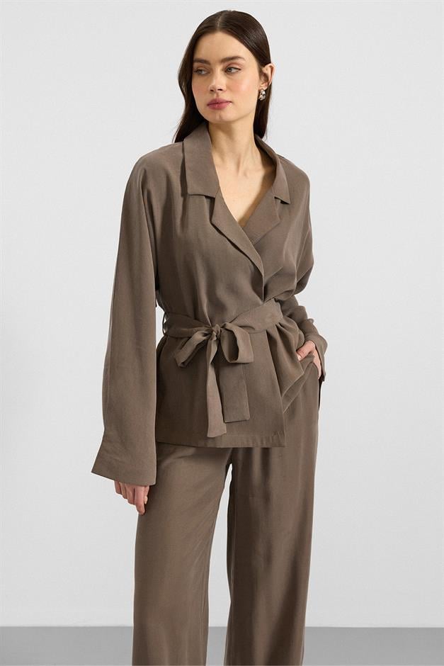 Kemer Bağlamalı Oversize Modal Ceket HAKİ 8287