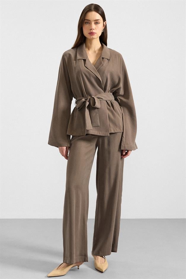 Kemer Bağlamalı Oversize Modal Ceket HAKİ 8287