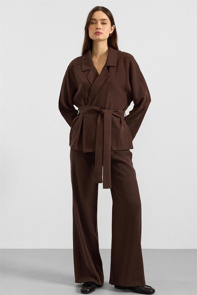 Kemer Bağlamalı Oversize Modal Ceket KAHVE 8287