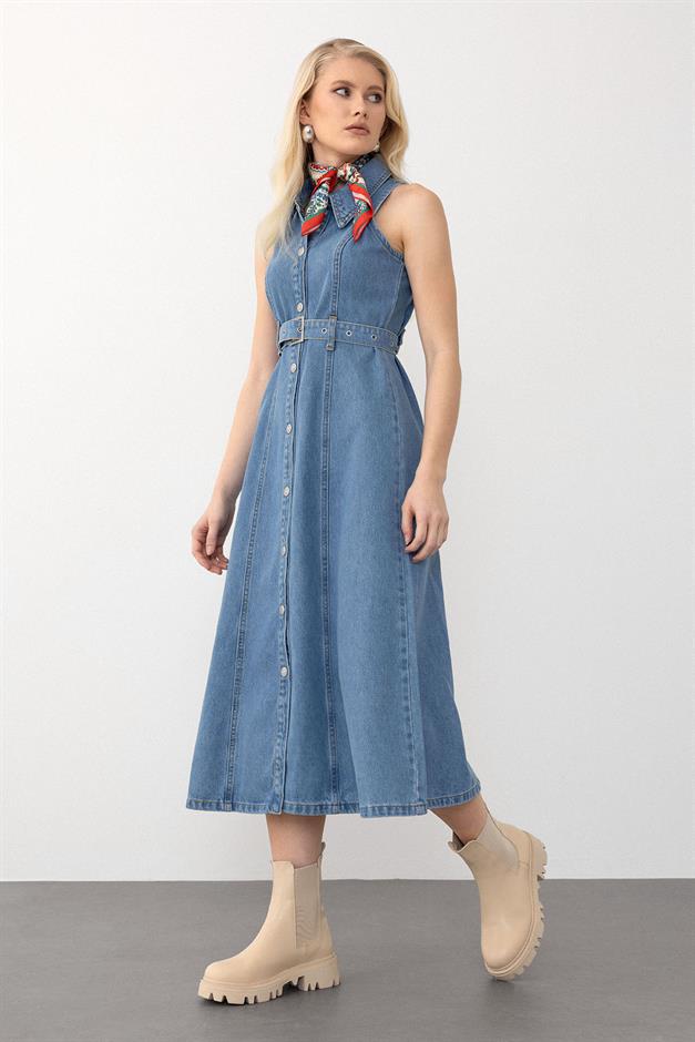 Sleeveless Denim Dress with Belt Detail BLUE 9272-E