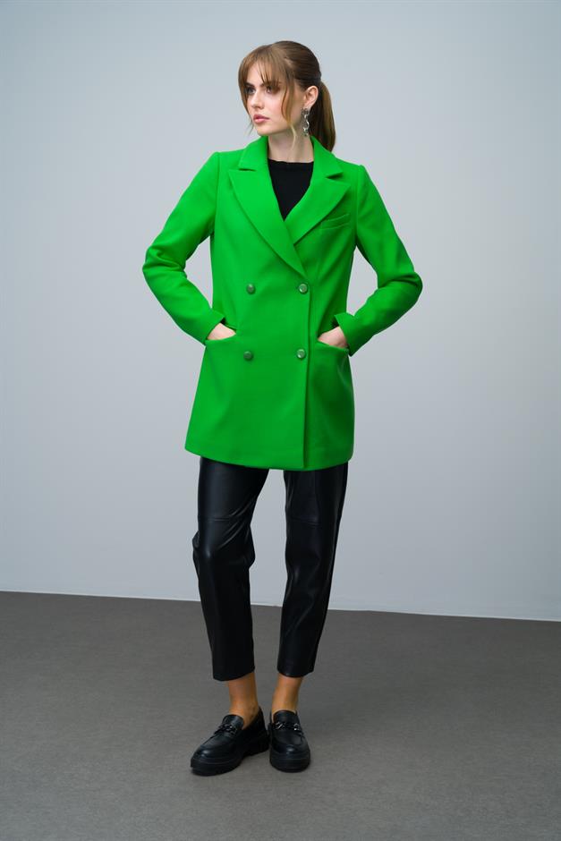 Double-Breasted Short Coat with Belt Detail LIGHT GREEN 3017