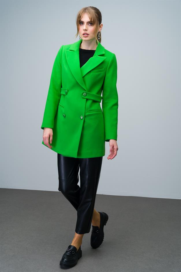 Double-Breasted Short Coat with Belt Detail LIGHT GREEN 3017