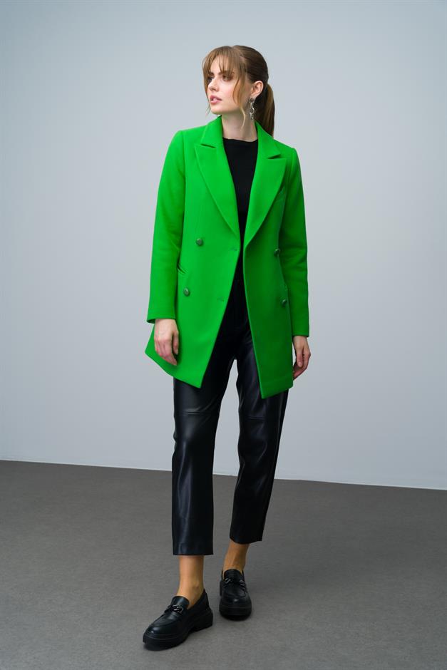 Double-Breasted Short Coat with Belt Detail LIGHT GREEN 3017