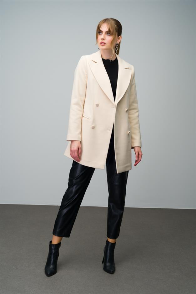 Double-Breasted Short Coat with Belt Detail IVORY 3017