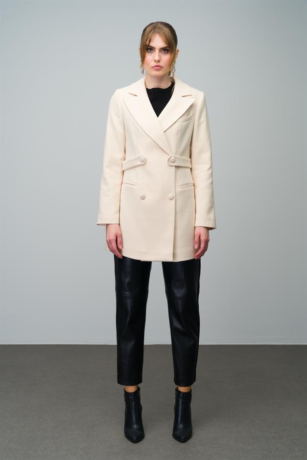Double-Breasted Short Coat with Belt Detail IVORY 3017