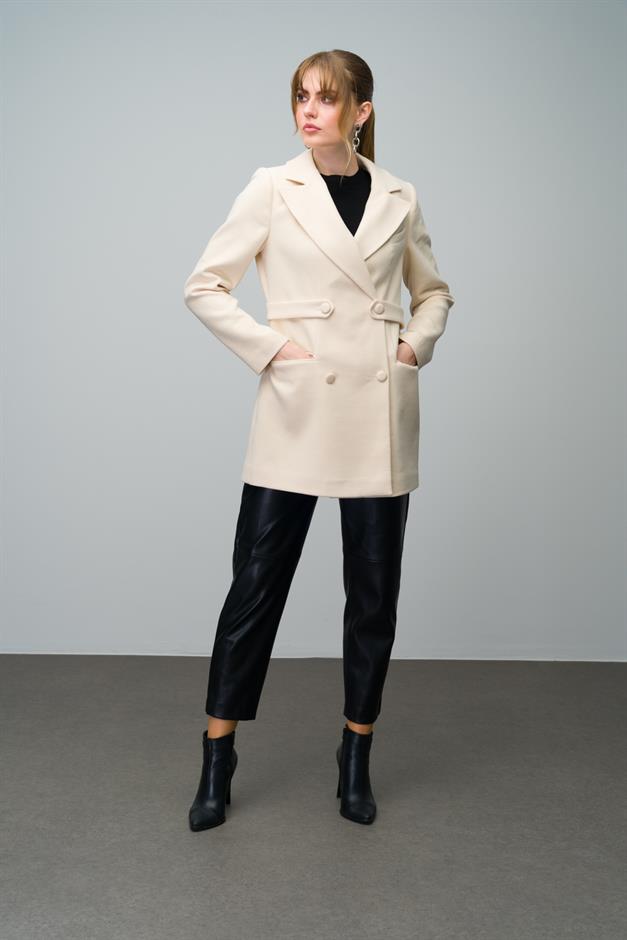 Double-Breasted Short Coat with Belt Detail IVORY 3017