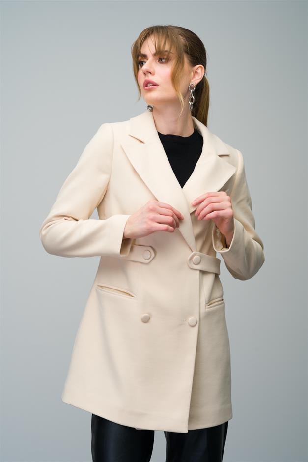 Double-Breasted Short Coat with Belt Detail IVORY 3017