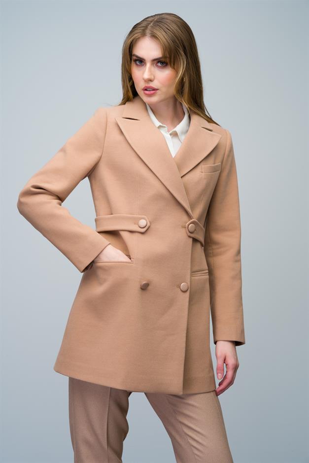 Double-Breasted Short Coat with Belt Detail CAMEL 3017