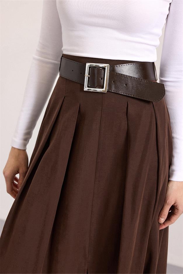 Kemer Detaylı Önden Yırtmaçlı Pileli Modal Etek KAHVE 7069